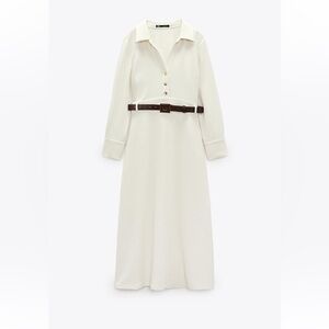 Cream Long-Sleeve Dress with Brown Belt